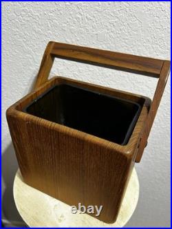 Vintage MCM 7 Sowe Konst RARE Wooden Ice Bucket withHandle, Square, Glass Liner