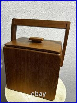 Vintage MCM 7 Sowe Konst RARE Wooden Ice Bucket withHandle, Square, Glass Liner