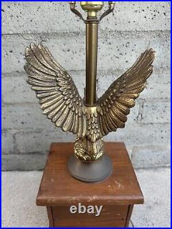 Vintage MCM Modern Mid Century Brass/Bronze Eagle Table Lamp Wood Box RARE