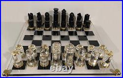 Vintage MID Century Modern Chess Set Abstract Lucite Rare 32 Piece Gold Board Lg