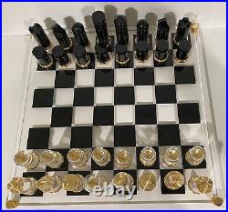 Vintage MID Century Modern Chess Set Abstract Lucite Rare 32 Piece Gold Board Lg