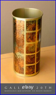 Vintage MID Century Rare & Cool! MCM Tin Wastebasket! Bin Faux Burlwood 60s Gold