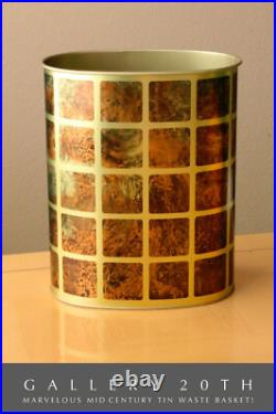 Vintage MID Century Rare & Cool! MCM Tin Wastebasket! Bin Faux Burlwood 60s Gold