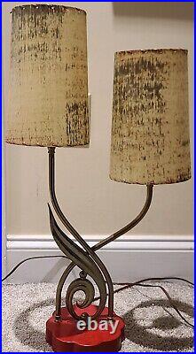 Vintage Mid Century Atomic Boudoir Table Lamp with Original Fiberglass Shades