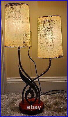 Vintage Mid Century Atomic Boudoir Table Lamp with Original Fiberglass Shades