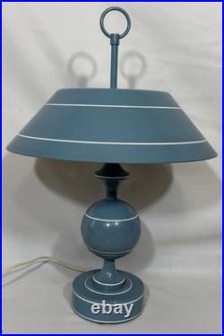Vintage Mid Century Modern Blue Toleware Metal Enamel Table Lamp Saucer Shade