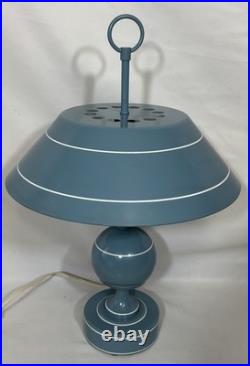 Vintage Mid Century Modern Blue Toleware Metal Enamel Table Lamp Saucer Shade