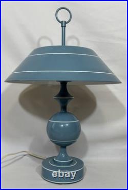Vintage Mid Century Modern Blue Toleware Metal Enamel Table Lamp Saucer Shade