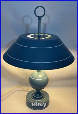Vintage Mid Century Modern Blue Toleware Metal Enamel Table Lamp Saucer Shade