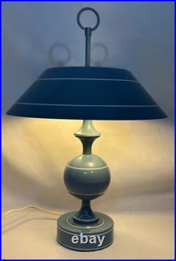 Vintage Mid Century Modern Blue Toleware Metal Enamel Table Lamp Saucer Shade