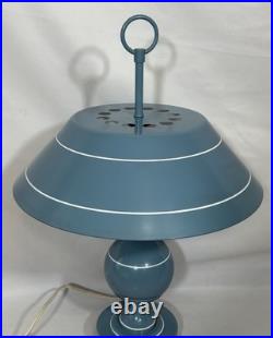 Vintage Mid Century Modern Blue Toleware Metal Enamel Table Lamp Saucer Shade