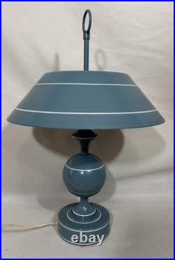 Vintage Mid Century Modern Blue Toleware Metal Enamel Table Lamp Saucer Shade