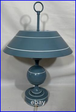 Vintage Mid Century Modern Blue Toleware Metal Enamel Table Lamp Saucer Shade