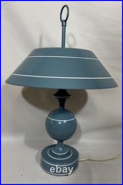 Vintage Mid Century Modern Blue Toleware Metal Enamel Table Lamp Saucer Shade