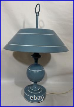 Vintage Mid Century Modern Blue Toleware Metal Enamel Table Lamp Saucer Shade