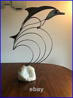 Vintage Mid Century Modern Curtis Jere Brass Onyx Dolphin Sculpture Mcm Rare