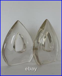 Vintage Mid Century Modern Lucite Bookends Teardrop Set 2 Acrylic MCM Clear 9x7