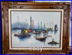 Vintage Mid Century Modern Oil Painting On Canvas Signed Chinese Boats 26x32 Vintage Mid Century Modern Oil Painting On Canvas Signed Chinese Boats 26x32