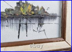 Vintage Mid Century Modern Oil Painting On Canvas Signed Chinese Boats 26x32 Vintage Mid Century Modern Oil Painting On Canvas Signed Chinese Boats 26x32