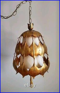 Vintage Mid-Century Modern Rare Gold Guilt Lotus Leaf Swag Lamp Vintage Mid-Century Modern Rare Gold Guilt Lotus Leaf Swag Lamp
