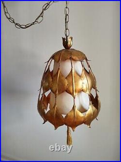 Vintage Mid-Century Modern Rare Gold Guilt Lotus Leaf Swag Lamp Vintage Mid-Century Modern Rare Gold Guilt Lotus Leaf Swag Lamp