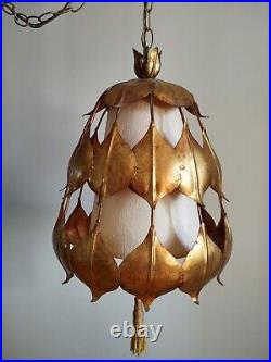 Vintage Mid-Century Modern Rare Gold Guilt Lotus Leaf Swag Lamp Vintage Mid-Century Modern Rare Gold Guilt Lotus Leaf Swag Lamp