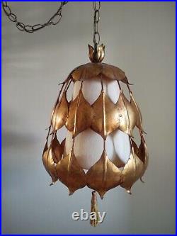 Vintage Mid-Century Modern Rare Gold Guilt Lotus Leaf Swag Lamp Vintage Mid-Century Modern Rare Gold Guilt Lotus Leaf Swag Lamp