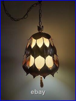 Vintage Mid-Century Modern Rare Gold Guilt Lotus Leaf Swag Lamp Vintage Mid-Century Modern Rare Gold Guilt Lotus Leaf Swag Lamp