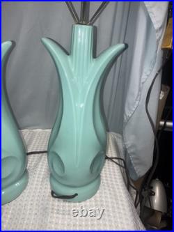 Vintage Pair Of Rare Mid Century Modern Atomic Era Turquoise Tulip Lamps