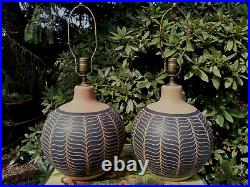 Vintage Pottery Table lamp lamps stoneware Incised rare signed Brown