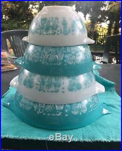 Vintage Pyrex Amish Butterprint Cinderella Mixing Bowl Set Turquoise Rare
