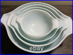 Vintage Pyrex Aqua Blue Amish Butterprint Cinderella Bowls 441,442,443 &444-RARE