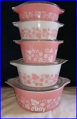 Vintage Pyrex Pink & White Gooseberry Casserole 5 Piece Set withLids-RARE