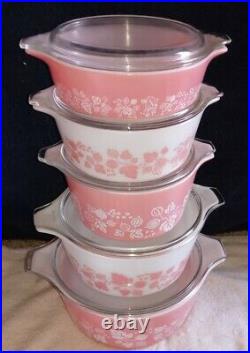 Vintage Pyrex Pink & White Gooseberry Casserole 5 Piece Set withLids-RARE