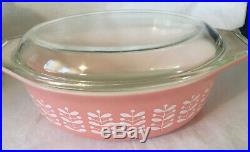 Vintage Rare HTF Pyrex Pink Stems Branch Leaf Oval Casserole Dish 043 with Lid