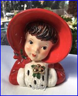 Vintage Rare Ruben's Japan 308A Child Lady Head Vase Christmas RED White 6