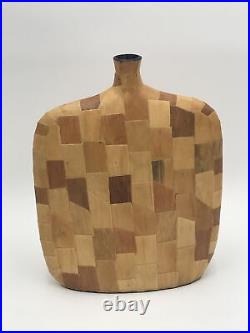 Vintage Segmented Multi Wood Mosaic Hand Turned Vase Mid Century Mod Large Rare
