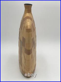 Vintage Segmented Multi Wood Mosaic Hand Turned Vase Mid Century Mod Large Rare