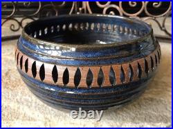 Vintage Signed Stoneware Ceramic Pottery Bowl Rare Mid Century Modern Blue Brown