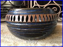 Vintage Signed Stoneware Ceramic Pottery Bowl Rare Mid Century Modern Blue Brown