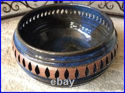 Vintage Signed Stoneware Ceramic Pottery Bowl Rare Mid Century Modern Blue Brown