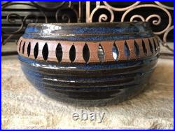 Vintage Signed Stoneware Ceramic Pottery Bowl Rare Mid Century Modern Blue Brown