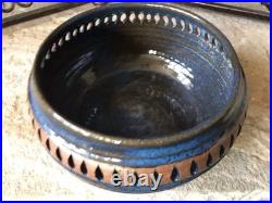Vintage Signed Stoneware Ceramic Pottery Bowl Rare Mid Century Modern Blue Brown
