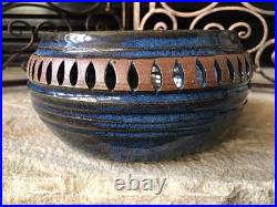 Vintage Signed Stoneware Ceramic Pottery Bowl Rare Mid Century Modern Blue Brown