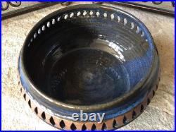 Vintage Signed Stoneware Ceramic Pottery Bowl Rare Mid Century Modern Blue Brown