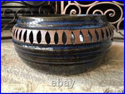 Vintage Signed Stoneware Ceramic Pottery Bowl Rare Mid Century Modern Blue Brown