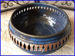 Vintage Signed Stoneware Ceramic Pottery Bowl Rare Mid Century Modern Blue Brown
