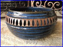 Vintage Signed Stoneware Ceramic Pottery Bowl Rare Mid Century Modern Blue Brown