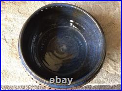 Vintage Signed Stoneware Ceramic Pottery Bowl Rare Mid Century Modern Blue Brown