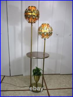 Vintage Table & Lamps with Brass Filigree Outer Shades Mid Century Modern RARE